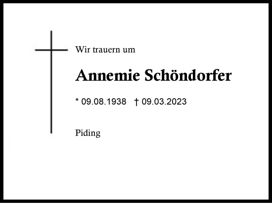 Traueranzeige von Annemie Schöndorfer von Region Berchtesgadener Land
