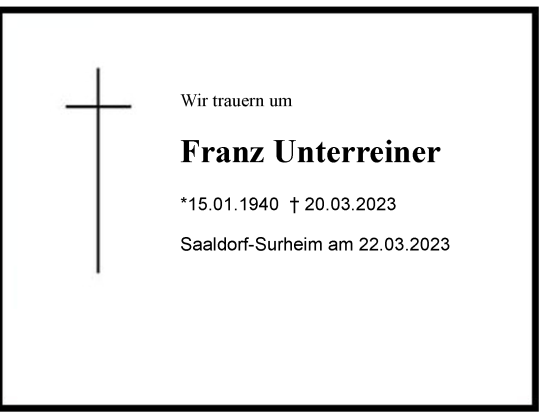 Traueranzeige von Franz Unterreiner von Berchtesgaden