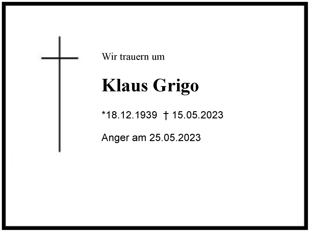  Traueranzeige für Klaus Grigo vom 25.05.2023 aus Berchtesgaden
