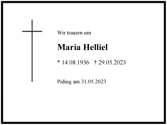Traueranzeige von Maria Helliel von Region Berchtesgadener Land