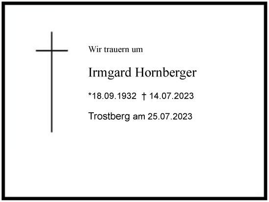 Traueranzeige von Irmgard Hornberger 