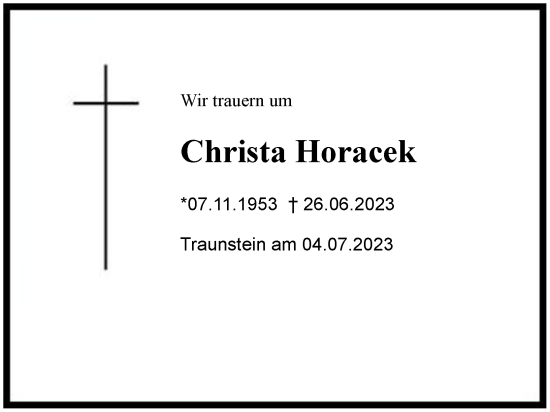 Traueranzeige von Christa Horacek von Region Chiemgau