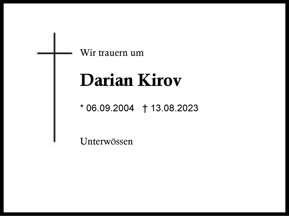  Traueranzeige für Darian Kirov vom 19.08.2023 aus Region Chiemgau