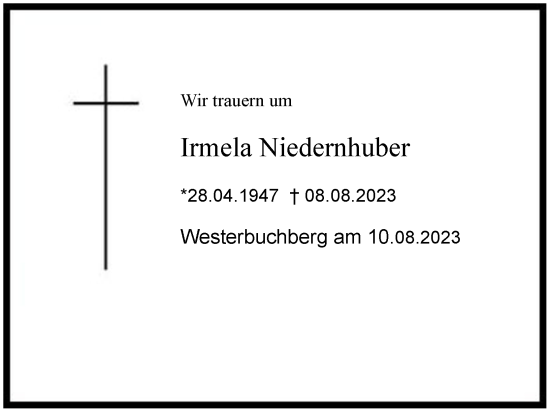 Traueranzeige von Irmela Niedernhuber 