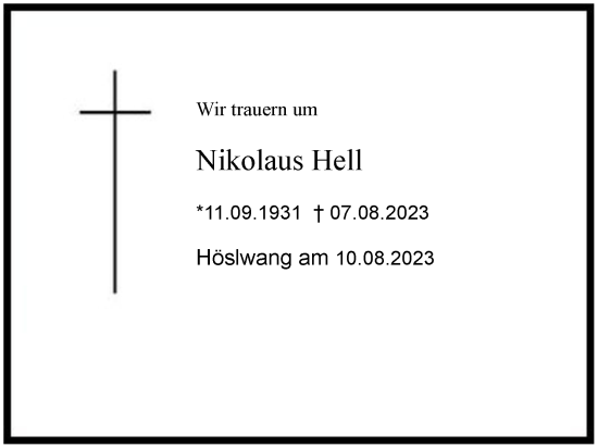 Traueranzeige von Nikolaus Hell 