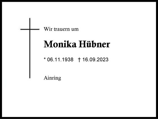 Traueranzeige von Monika Hübner von Region Berchtesgadener Land