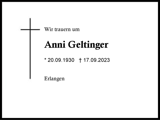 Traueranzeige von Anni Geltinger von Region Berchtesgadener Land