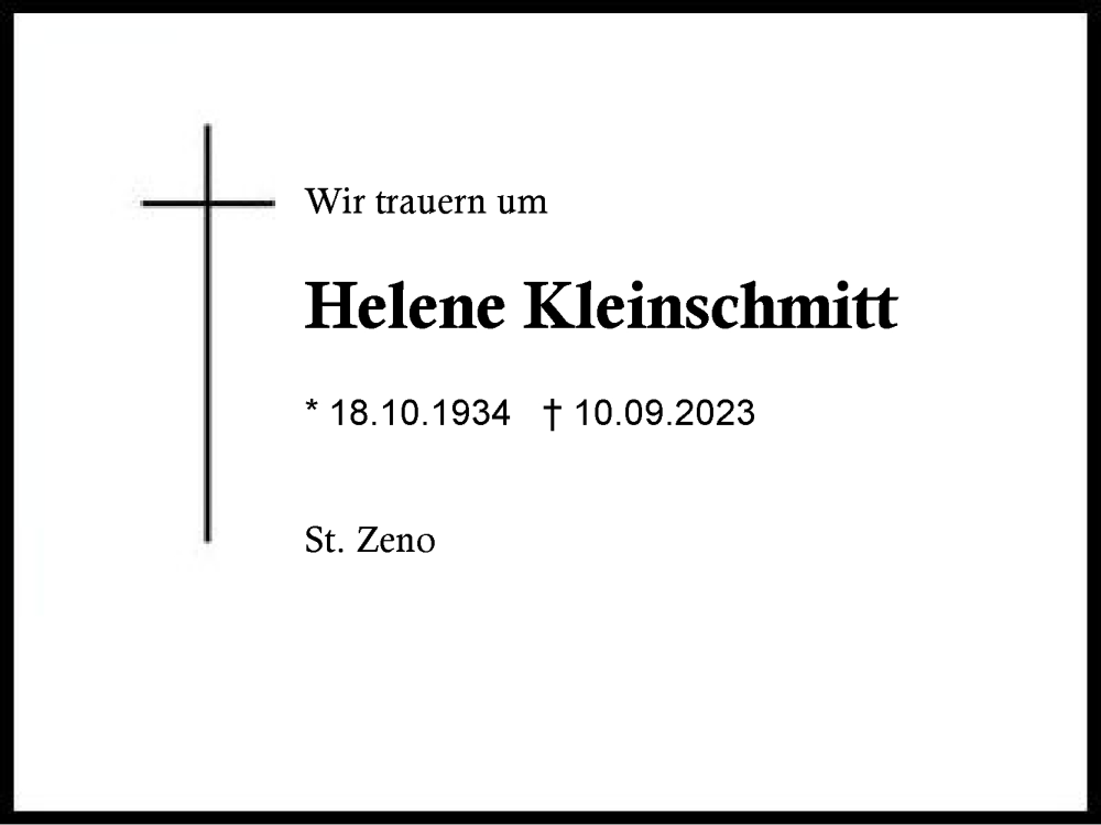 Traueranzeige für Helene Kleinschmitt vom 16.09.2023 aus Region Berchtesgadener Land