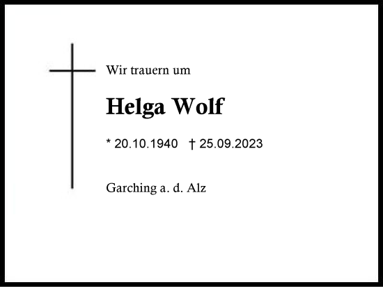 Traueranzeige von Helga Wolf von Traunstein