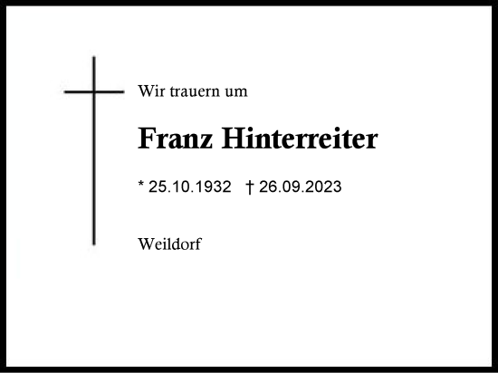 Traueranzeige von Franz Hinterreiter von Region Berchtesgadener Land