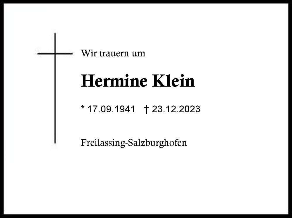  Traueranzeige für Hermine Klein vom 02.01.2024 aus Region Berchtesgadener Land