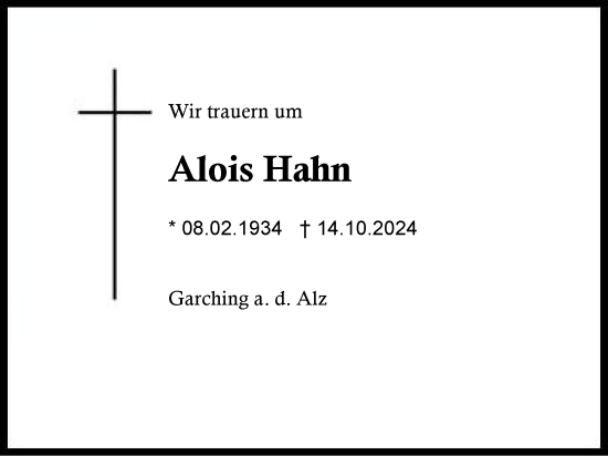 Traueranzeige von Alois Hahn von Traunstein