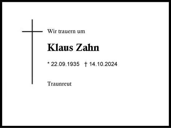 Traueranzeige von Klaus Zahn von Traunstein