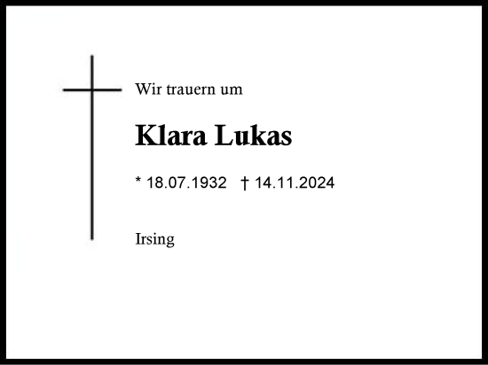 Traueranzeige von Klara Lukas von Traunstein