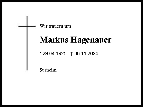 Traueranzeige von Markus Hagenauer von Region Berchtesgadener Land