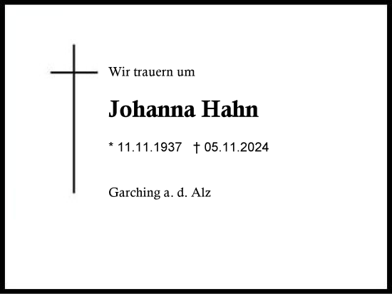 Traueranzeige von Johanna Hahn von Traunstein