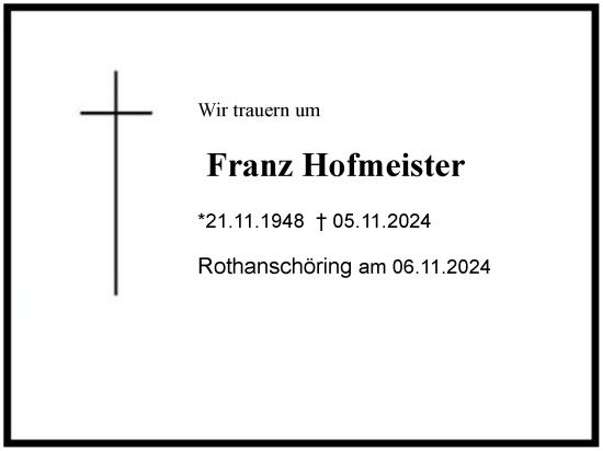 Traueranzeige von Franz Hofmeister von Region Chiemgau