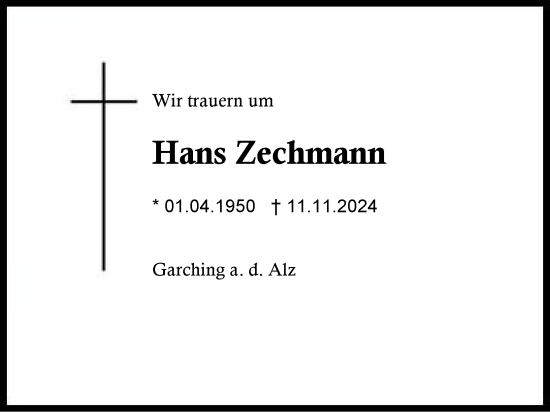 Traueranzeige von Hans Zechmann von Traunstein