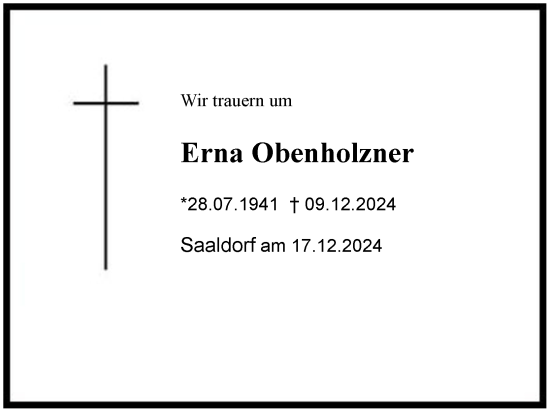 Traueranzeige von Erna Obenholzner von Region Berchtesgadener Land