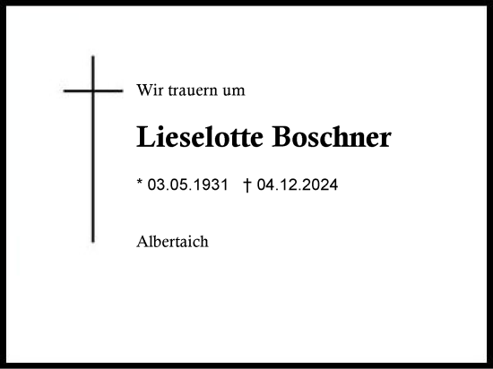 Traueranzeige von Lieselotte Boschner von Traunstein