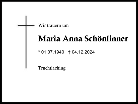 Traueranzeige von Maria Anna Schönlinner von Traunstein