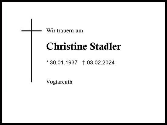 Traueranzeige von Christine Stadler von Region Chiemgau