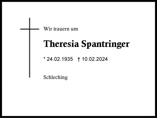 Traueranzeige von Theresia Spantringer von Region Chiemgau