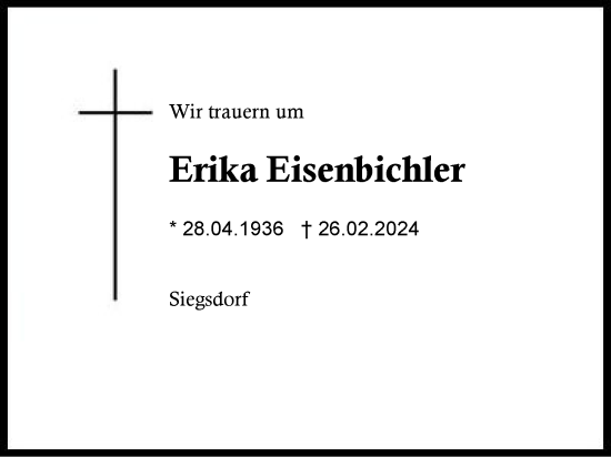 Traueranzeige von Erika Eisenbichler von Region Chiemgau