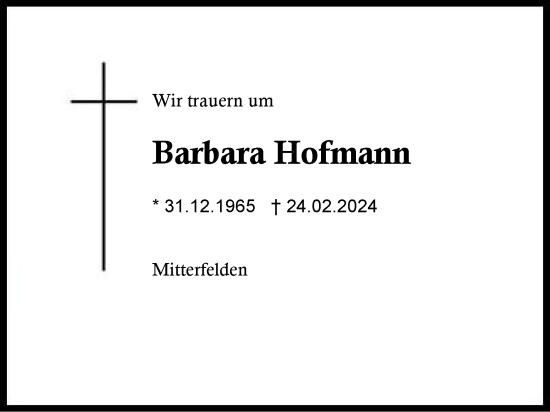 Traueranzeige von Barbara Hofmann von Region Berchtesgadener Land