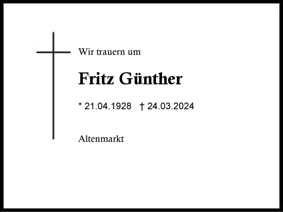 Traueranzeige von Fritz Günther von Traunstein