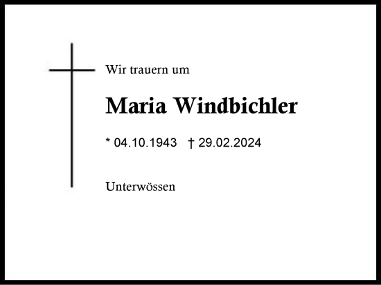 Traueranzeige von Maria Windbichler von Region Chiemgau