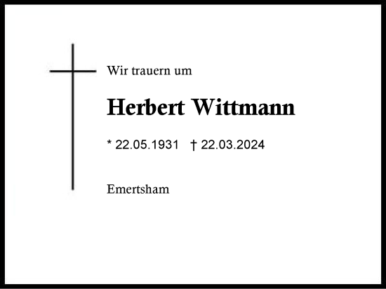 Traueranzeige von Herbert Wittmann von Traunstein