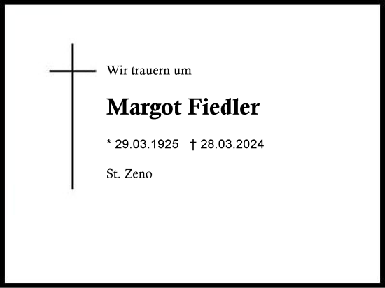 Traueranzeige von Margot Fiedler von Region Berchtesgadener Land