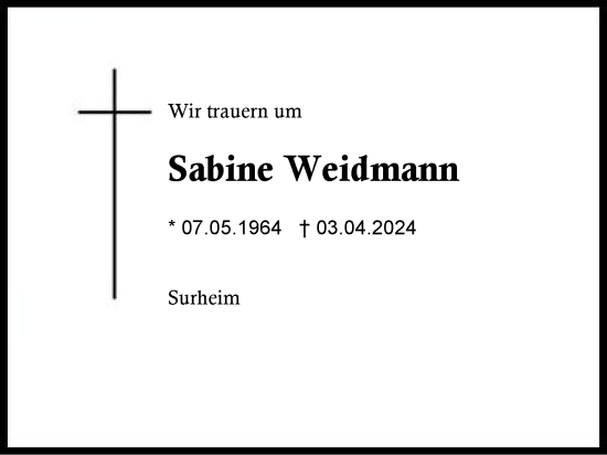 Traueranzeige von Sabine Weidmann von Region Berchtesgadener Land