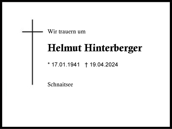 Traueranzeige von Helmut Hinterberger von Traunstein