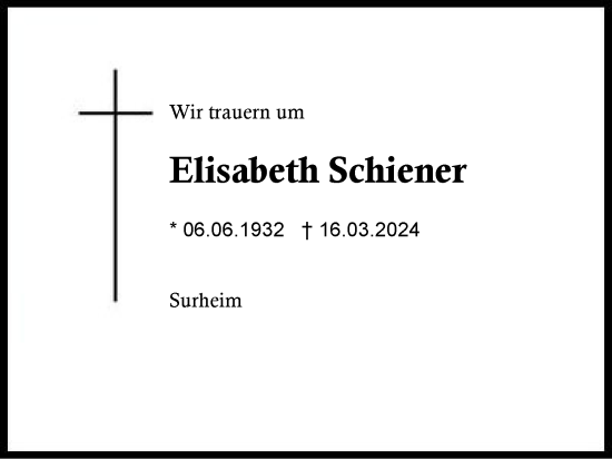 Traueranzeige von Elisabeth Schiener von Region Berchtesgadener Land