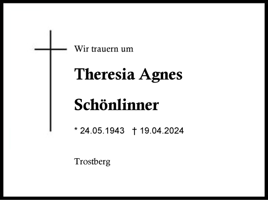 Traueranzeige von Theresia Agnes Schönlinner von Traunstein