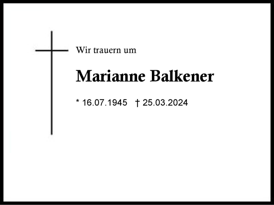 Traueranzeige von Marianne Balkener von Region Chiemgau