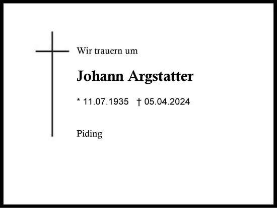 Traueranzeige von Johann Argstatter von Region Berchtesgadener Land