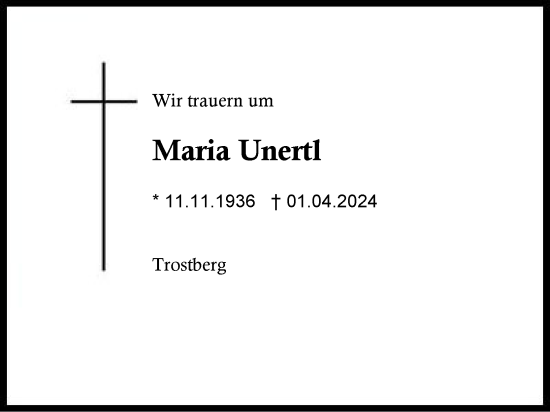 Traueranzeige von Maria Unertl von Traunstein