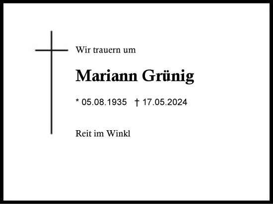 Traueranzeige von Mariann Grünig von Region Chiemgau