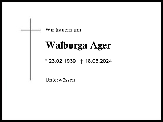Traueranzeige von Walburga Ager von Region Chiemgau