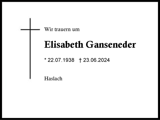 Traueranzeige von Elisabeth Ganseneder von Region Chiemgau