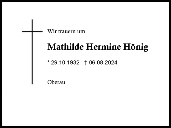 Traueranzeige von Mathilde Hermine Hönig von Region Chiemgau