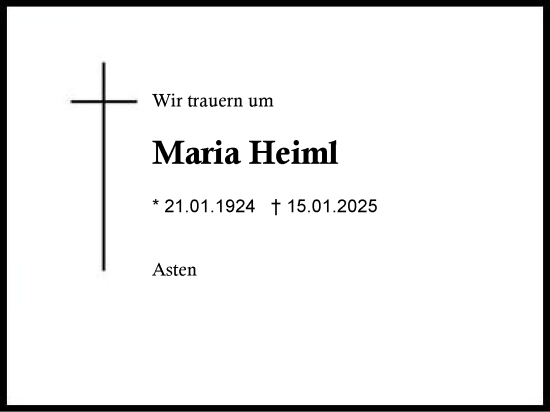 Traueranzeige von Maria Heiml von Traunstein