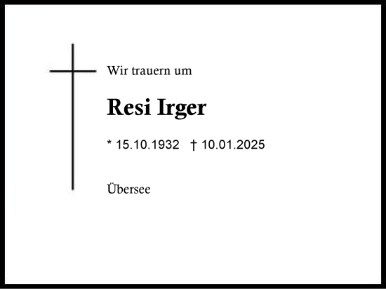 Traueranzeige von Resi Irger von Region Chiemgau