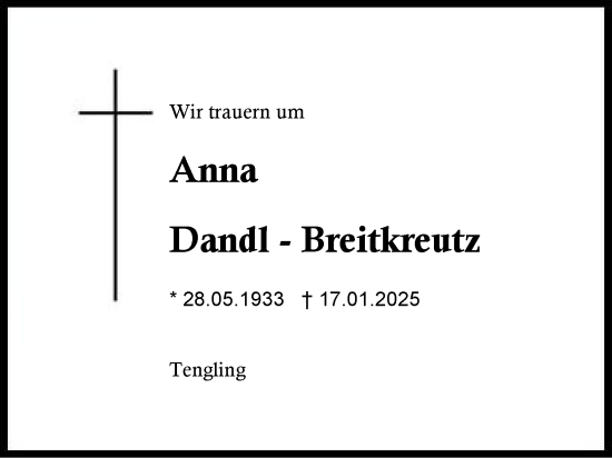 Traueranzeige von Anna Dandl-Breitkreutz von Traunstein