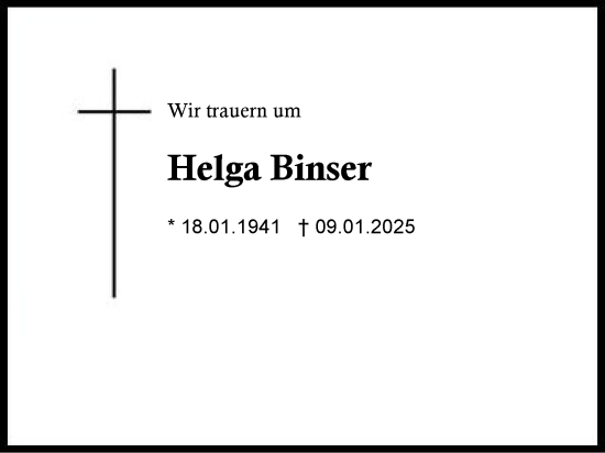 Traueranzeige von Helga Binser von Region Chiemgau