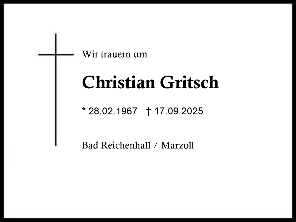  Traueranzeige für Christian Gritsch vom 18.10.2025 aus Region Berchtesgadener Land
