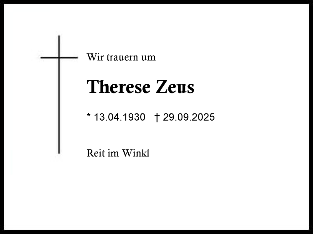 Traueranzeige für Therese Zeus vom 04.10.2025 aus Region Chiemgau